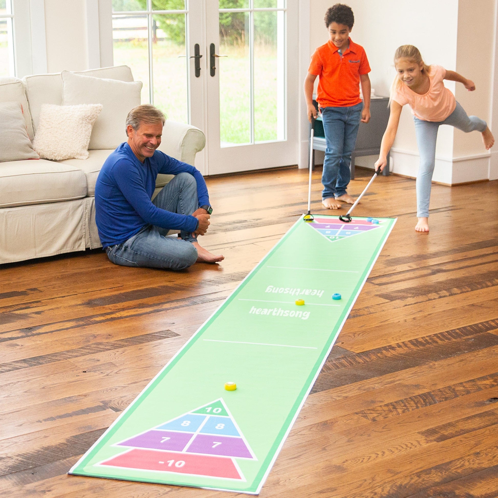 HearthSong Shuffle Zone Shuffleboard Family Game with Carpet Mat
