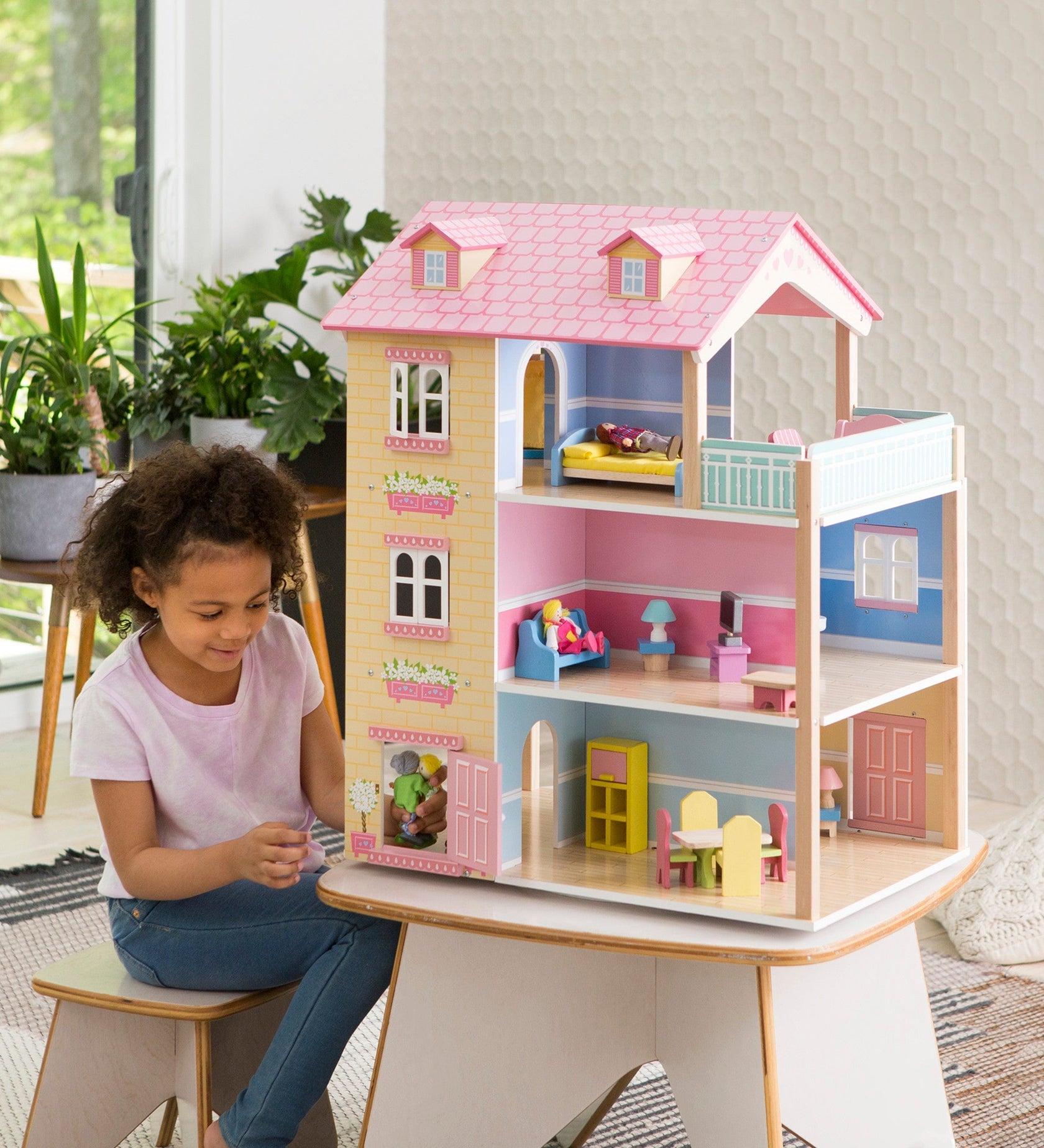 Wooden Dollhouse with Turntable and 35-Piece Furniture Set – Hearthsong