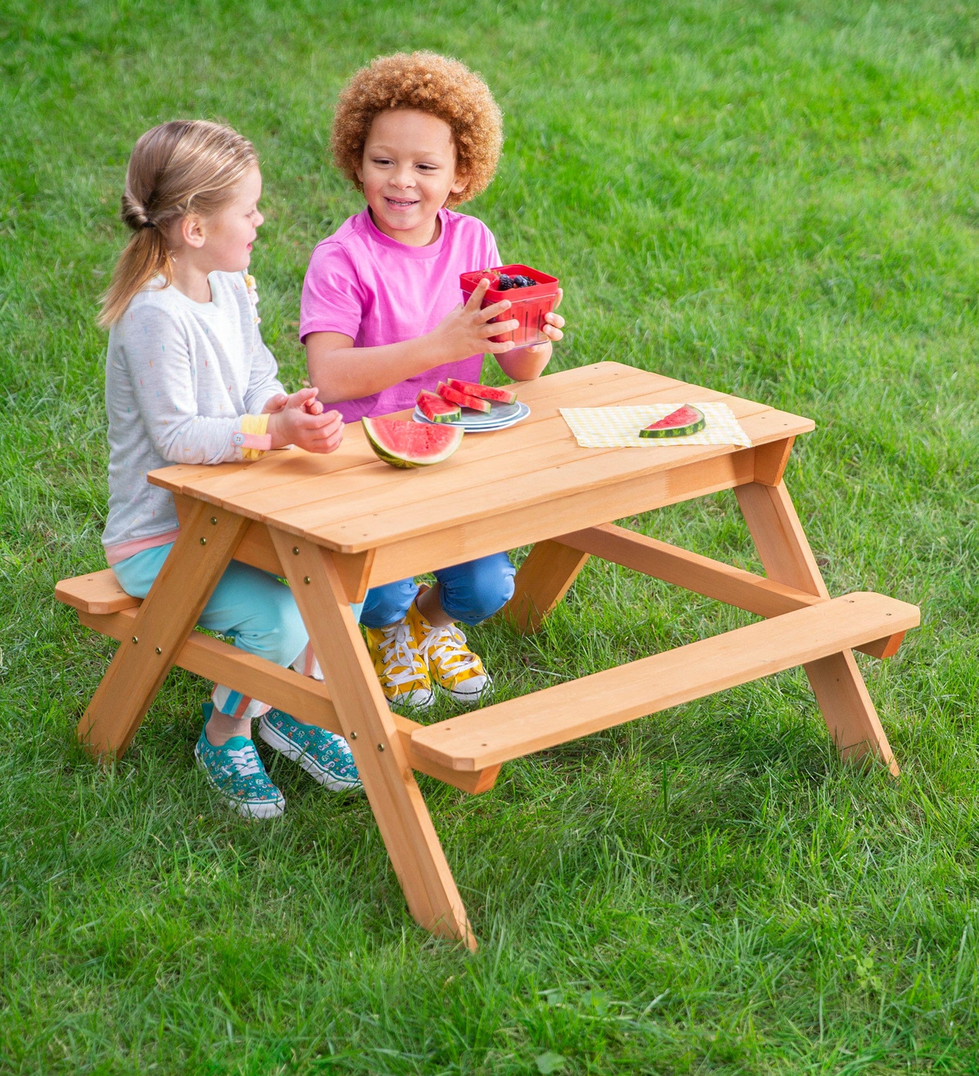 Wooden 2-in-1 Picnic Table Sensory Play Station – Hearthsong