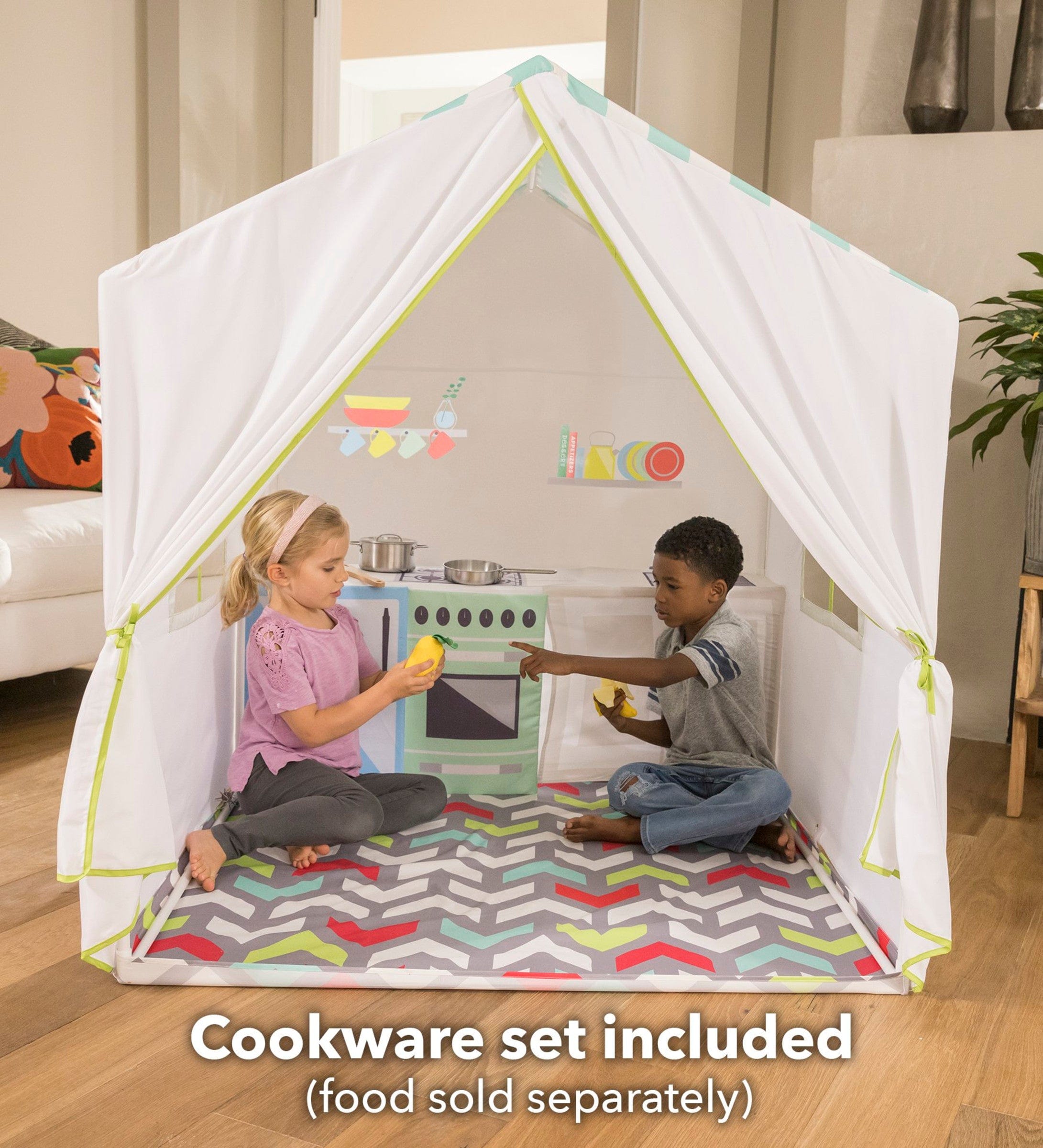 50 Inch Kitchen Playhouse Tent with 7 Piece Kitchen Cooking Set Hearthsong