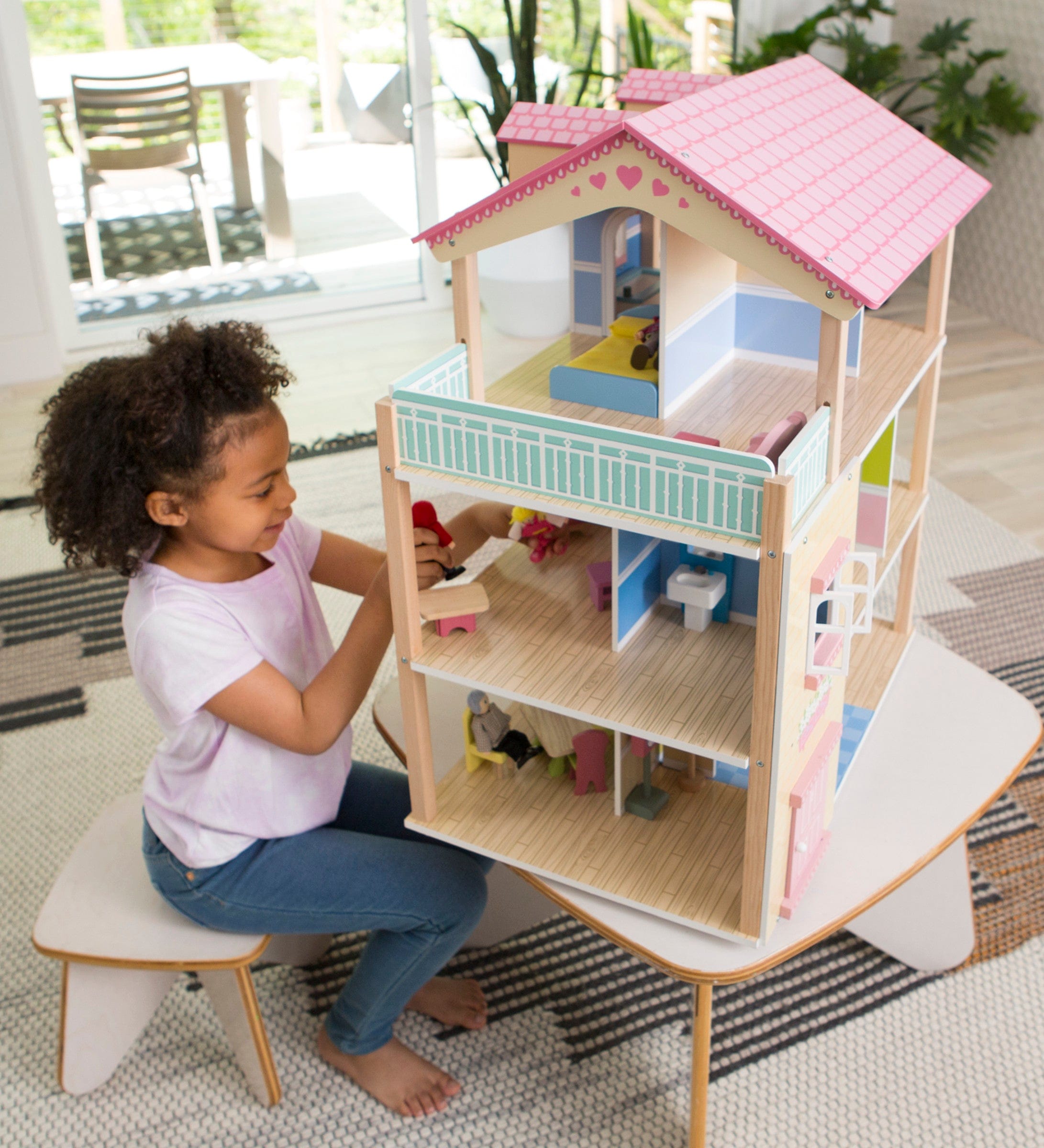 Wooden Dollhouse with Turntable and 35 Piece Furniture Set